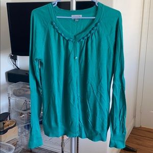 EUC Green Amber Sun Cardigan with Beaded Neckline